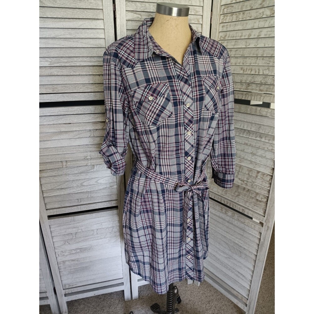 Tommy Hilfiger Plaid Shirt Dress Wmn's Sz. L Tie Waist Tab Slv. 100% Cotton EUC